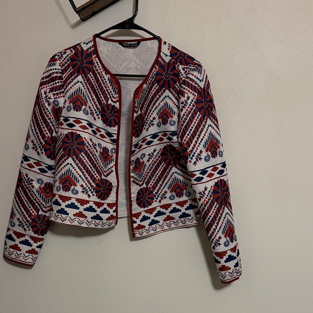 SHEIN Aztec Embroidered Open-Front Jacket/Blazer
